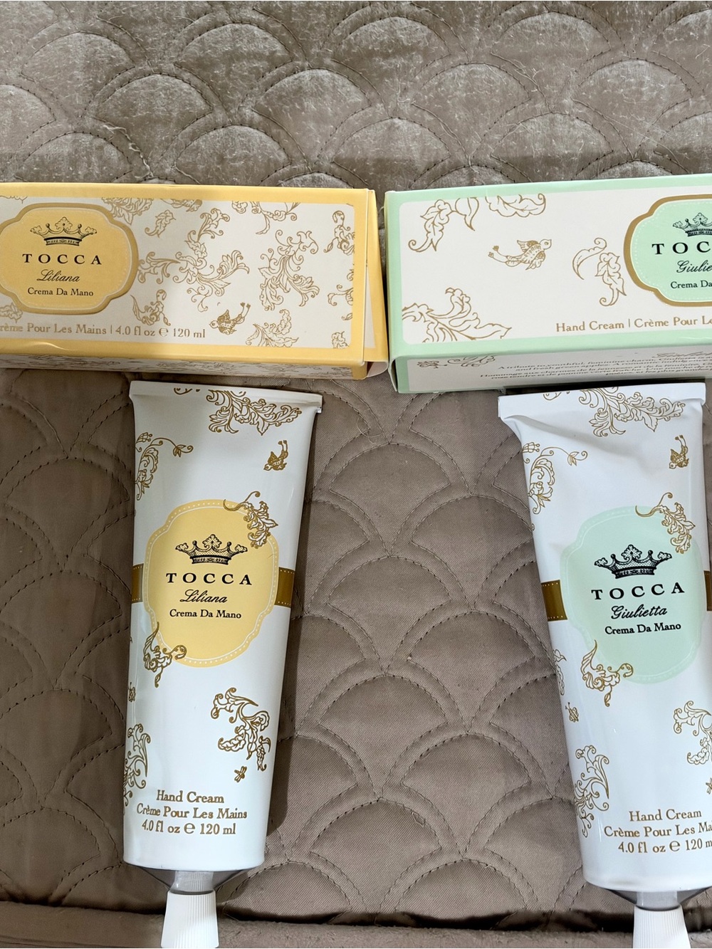 Tocca Hand Cream Duo in Yellow & Mint. Both included in price.